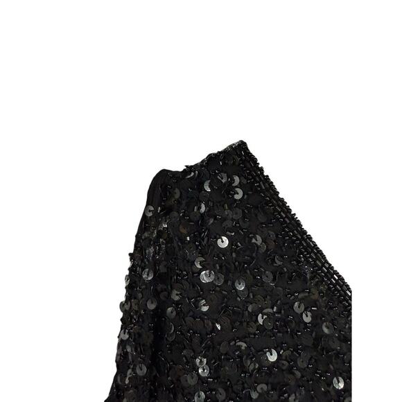 Papell Boutique Evening 100% Silk Black Flutter Sleeve Fully Beaded Top M Petite - Picture 7 of 9